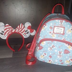 Loungefly Disney Parks Snowman Backpack and Headband Set - Red and Blue